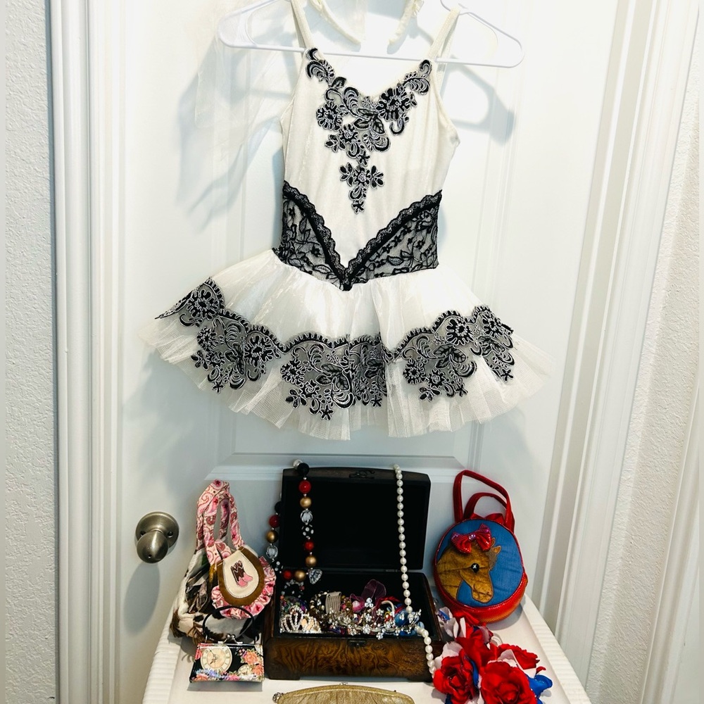 Girls fairy ballerina dress up costume, purses & jewelry treasure box bundle